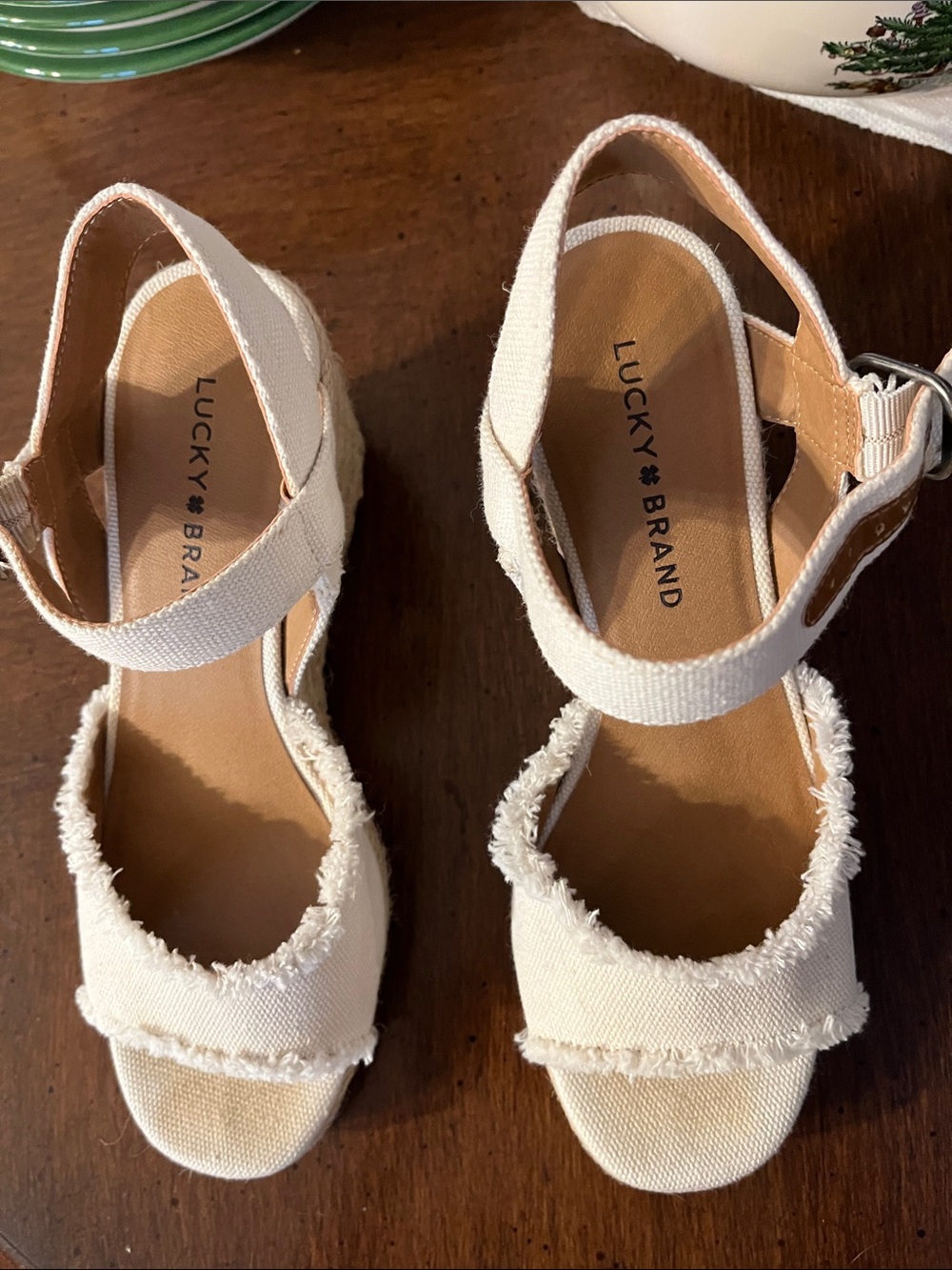 Lucky Brand Cream Frayed Canvas Ankle Strap Sandals